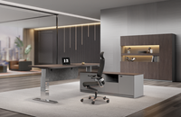 Bureau de direction électrique réglable en hauteur, bureau de forme L, bureau assis-debout avec armoire de rangement intégrée