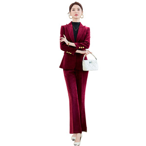 Women's Velvet Blazer Two-Piece Suit Set Black And Red Anti-Wrinkle Commute Professional Outfit - Product Image 5