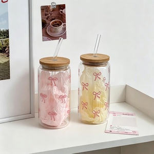 Op maat gemaakte OEM glazen beker met deksel en rietje, FDA en BSCI goedgekeurd, bedrukt glazen tumbler, meerdere patronen, Kawaii cartoon glas - Product Image 1