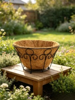 Panier à plantes en ciment noir, design sculpté, doublure en fibre de coco, style américain, pot de fleurs décoratif sculpté à la main pour la maison et le jardin