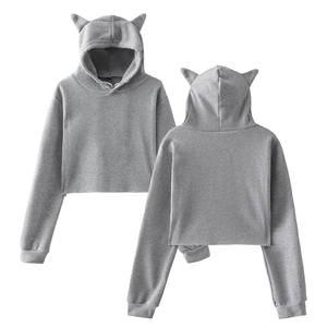 Custom Women Grey Cropped Hoodie Cute Ear Detail Hood Sweatshirt Breathable Lined Soft Cotton Pullover Short Length Streetwear - Product Image 1