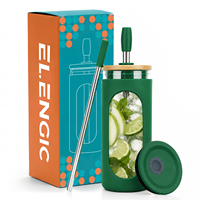 Bouteille d'eau en verre de 20 oz avec manchon en silicone, double couvercles (bambou et plastique), pailles réutilisables en acier inoxydable, gobelet à smoothie