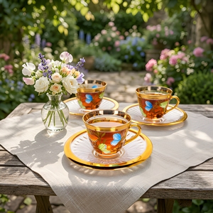 Crystal Glass Tea <b>Cup</b> <b>Saucer</b> Set with Contemporary Design Gold Handle Gold Rim 250mL Shape Wedding Occasion Crystal Coast Brand - Product Image 3
