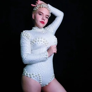 White Pearl Short Bodycon Jumpsuit Sexy Stage Dance and Birthday Party Outfit for Women Performance Wear One Size Body - Product Image 1