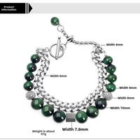 Bracelet cubain double couche empilé, tendance hip-hop transfrontalier, en pierre œil de tigre et obsidienne, en acier inoxydable, longueur réglable, pour anniversaire