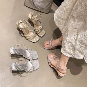 Nouvelles sandales d'été 888 à talons hauts et bouton unique, ornées de perles, style européen et américain, polyvalentes pour femme - Product Image 5