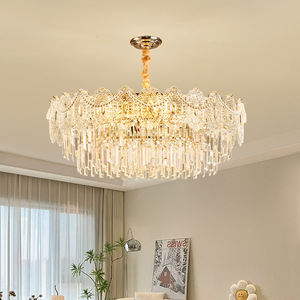 Lámpara de araña moderna clásica redonda de cristal con luz LED para sala de estar, villa, hotel, salón de banquetes, con múltiples cabezales E27 y control por interruptor. - Product Image 1