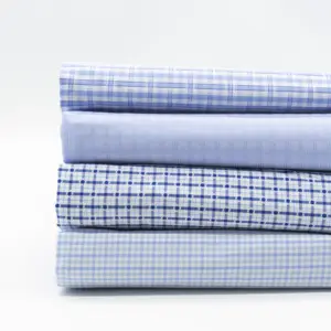 Tela teñida de hilo de algodón, mini cuadros de color azul para camisas, superventas