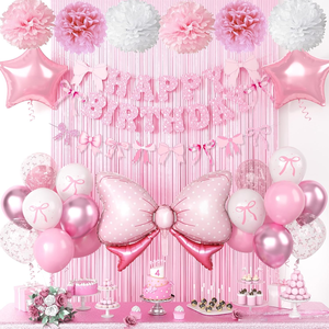 Decoraciones para Fiesta <span class=keywords><strong>de</strong></span> Cumpleaños Estilo Coquette Rosa, Incluyen Globos Blancos y Rosas, Pancarta <span class=keywords><strong>de</strong></span> Feliz Cumpleaños, Cortina <span class=keywords><strong>de</strong></span> Flecos y <span class=keywords><strong>Papel</strong></span> <span class=keywords><strong>de</strong></span> Seda - Product Image 1