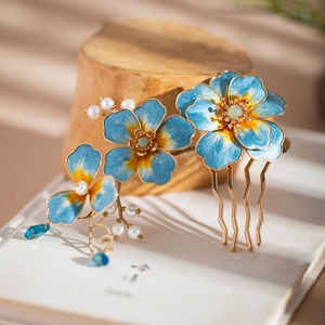 Herencia cultural inmaterial, producto terminado con flores de terciopelo, horquilla de estilo chino nuevo, azul, estilo antiguo, cheongsam de alta gama - Product Image 3