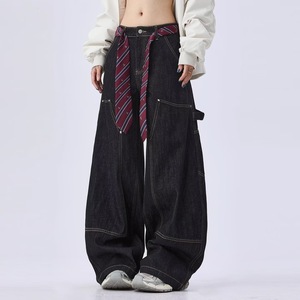 Vaqueros Negros de Pierna Ancha Estilo Suelto, Unisex, para Primavera/Otoño, Estilo Urbano, Largos hasta el Suelo, Casuales, de Pierna Recta - Product Image 1