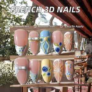 Faux ongles à presser pour femmes, nude, bleu, <span class=keywords><strong>jaune</strong></span>, amande, 3D, motif myrtille, agrumes, nœud, dentelle, carreaux, pour style Cottagecore et pique-nique - Product Image 2