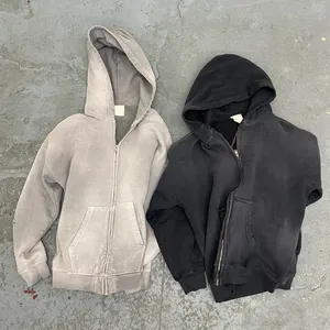 Hoodie Streetwear kustom tanpa tali bulu domba kosong Zip Up Vintage lapisan ganda asam cuci matahari robek Hoodie untuk pria