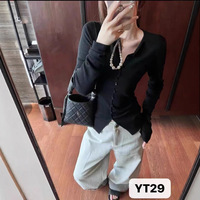 Pull coréen tendance et élégant pour femme, en maille unie, en acétate et polyester, brodé, à manches longues et col licou, idéal pour l'hiver