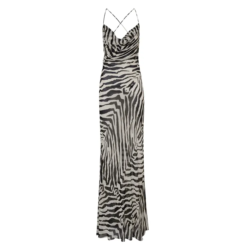 OEM Allover Zebra Print Sleeveless Draped Cowl Back Cross Straps Side Split Floor Length Maxi Dress Women