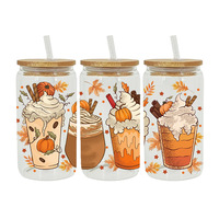 Autocollants de transfert DTF UV pour gobelets 16oz, motifs femmes noires en prière, boissons chaudes, automne, caramel, dessin animé
