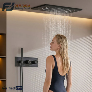 Système de <span class=keywords><strong>douche</strong></span> mural LED de luxe noir FSH OEM 2026 avec barre coulissante monocommande thermostatique en laiton et acier inoxydable, garantie 3 ans - Product Image 1