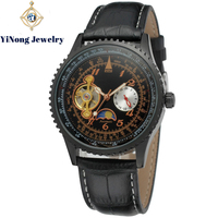 Montre mécanique automatique pour homme, tourbillon, phase de lune, cadran à aiguilles, boîtier en alliage, bracelet en cuir véritable, pour un usage professionnel et décontracté