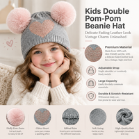 Casquette en tricot doux à double pompon en forme de cœur pour enfants, jacquard côtelé, chaude, pour les sorties, l'école, les tenues décontractées quotidiennes, unisexe, 100% coton