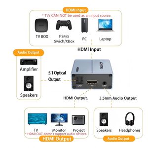 Extracteur audio HDMI 4K, adaptateur audio HDMI vers optique 5.1 S/PDIF et AUX 3,5 mm, convertisseur audio 192 kHz, prend en charge <span class=keywords><strong>PCM</strong></span> <span class=keywords><strong>Dolby</strong></span> - Product Image 4