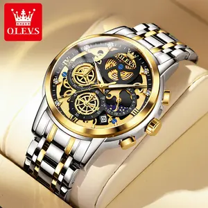 OLEVS 9947 Men Watch Hollowed Out Skeleton Stainless Steel Watch Business Moon Phase Design Luxury Quartz Watch For Man