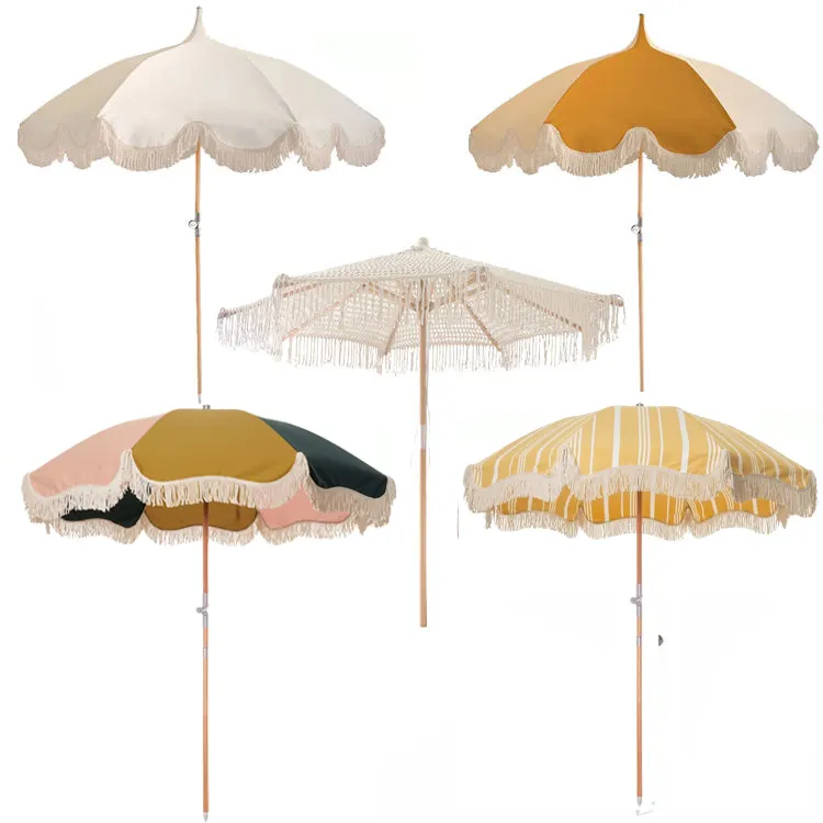 Customize Logo Wholesale Outdoor Vintage Canvas Bohemian Fringed Beach Umbrella With Tassels, Portable Wood Pole Sun Parasols