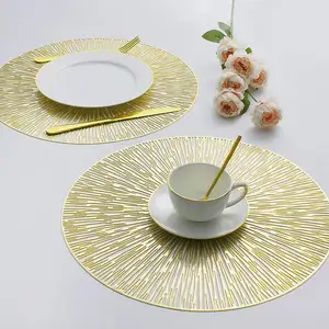 Tabletex Grosir Kustom Murah PVC Meja Makan Tenunan Pengisi Daya Ditekan Metalik Putaran Rose Gold Vinyl Tatakan untuk Pernikahan