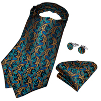 Corbata de Hombre Estilo Ascot Vintage en Verde Azulado con Diseño Paisley Dorado, Clásica para Bodas y Eventos Formales, de Poliéster con Tejido Jacquard