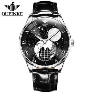 Oupinke 3177 फैशन हाथ पुरुषों स्वत: असली लेदर पृथ्वी आकाश चंद्रमा चरण घड़ी आयात आंदोलन यांत्रिक Wristwatches