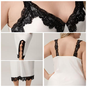 Luxury Satin Slip Nightgown Women Summer Solid <b>Lace</b> Trim Embroidered Breathable Sexy Simple High Slit Knee Length <b>Elastic</b> Waist - Product Image 4