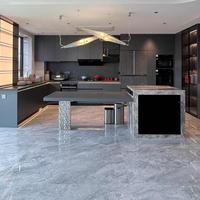 Cuisine Modulaire Bicolore Gris Rose avec Étagère Ouverte LED, Plan de Travail en Marbre Artificiel Écologique, Intégration Personnalisée Salle à Manger-Cuisine