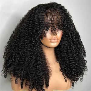 Wholesale Cheap <strong>Long</strong> Kinky <strong>Curly</strong> Afro Wave Wig With <strong>Bangs</strong> Remy Brazilian Hair Full Machine Made Fringe Wig for Black Women