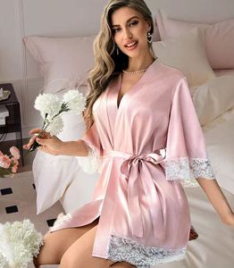 SFY-Y5003 2024 Bata de satén con cinturón para mujer, cuello en V, cintura elástica, manga corta, largo hasta la rodilla, camisón nupcial, pijama - Product Image 3