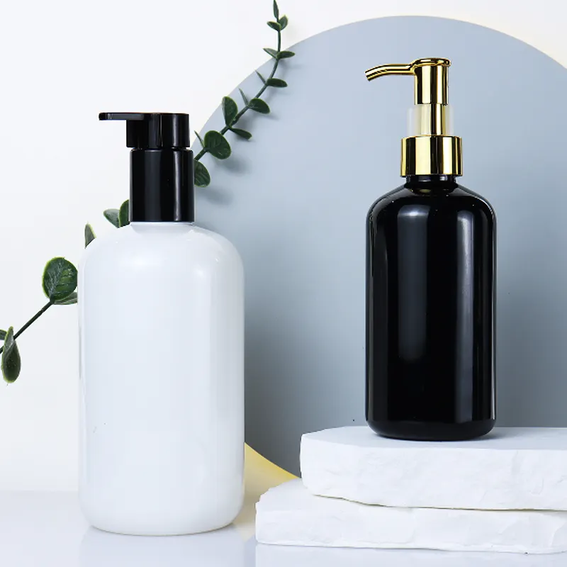 250ml 500ml plastik PET siyah beyaz şampuan losyonu sıvı köpük sabun pompası şişe altın kapaklı
