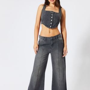 New Arrival Vintage Washed <b>square</b> <b>Neck</b> Cropped <b>Tank</b> Button Down Denim Corset <b>Top</b> for Women - Product Image 4