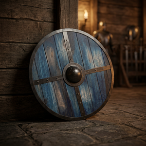 Décoration murale artisanale en forme d'épée viking ronde, en bois peint antique avec des planches bleues et une croix en métal noir - Product Image 3