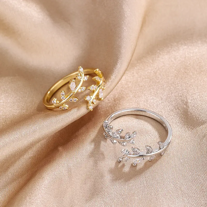 NUORO cincin jari terbuka daun berlian wanita, cincin kristal indah dapat disesuaikan mode