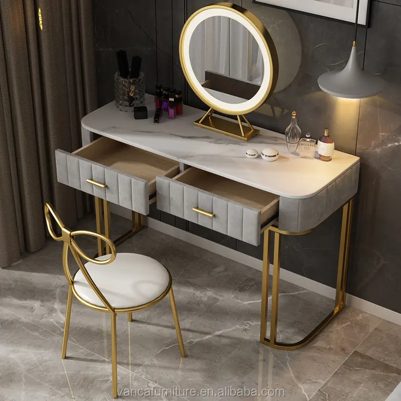 Tocador de princesa para habitación con cajones y espejo, mesa de maquillaje y silla, muebles de dormitorio