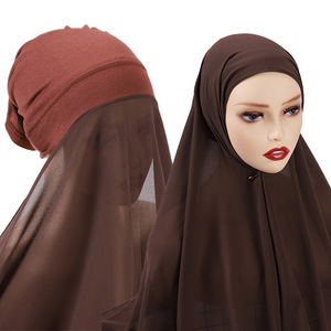 Wholesale Hooded Scarf Set Long Scarf Modal Cotton <strong>Caps</strong> with <strong>Plain</strong> Chiffon Hijabs Stitched Instant Hijabs for Muslim Women - Product Image 1