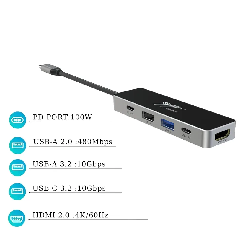 5 En 1 USB 3,0 4K HDMI laptop PD 100W USB a puertos de adaptador multipuerto gen 3,2 2,0 4K 60Hz usb-c estación de acoplamiento Hub