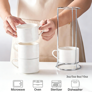 Set di Tazze e Piattini da Caffè in Ceramica Impilabili |   Set di 4 Tazze da 3oz/5oz/8oz/10oz con Supporto in Metallo |   Espresso/<span class=keywords><strong>Latte</strong></span>/Cappuccino/Tè/Regalo - Product Image 4