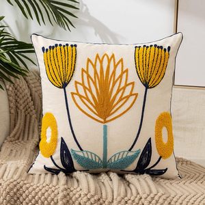 Cozy Modern 100% Cotton <strong>Pillow</strong> Cover Yellow Orange <strong>Navy</strong> Teal Floral Embroidery Soft Bedding For Bedroom Living Room Decor - Product Image 1