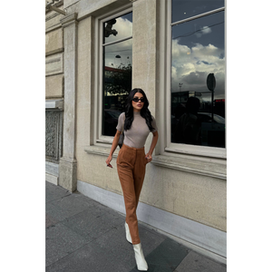 Pantalones de Mujer de Tela de PU Color Tabaco, Cintura Alta, Estilo Lápiz, Antipelusas - Product Image 6