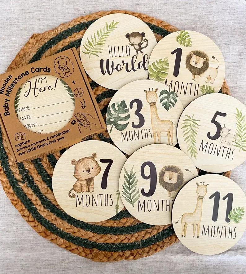 Safari Animals Newborn Wooden Milestone Cards Baby Shower Gift Monthly Wooden Discs Hello World Milestone Pregnancy