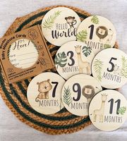 Safari Animaux Nouveau-né Cartes Milestone en bois Cadeau de douche de bébé Disques en bois mensuels Hello World Milestone Grossesse