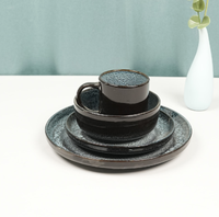 Service de table en grès réactif noir, bleu et gris, 16 pièces, pour la maison, la cuisine, le restaurant, ou comme cadeau