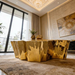 <span class=keywords><strong>Table</strong></span> basse de style italien de luxe <span class=keywords><strong>en</strong></span> racine d'<span class=keywords><strong>arbre</strong></span>, base <span class=keywords><strong>en</strong></span> acier inoxydable gravée dorée, design irrégulier pour villa, hôtel, salon - Product Image 5