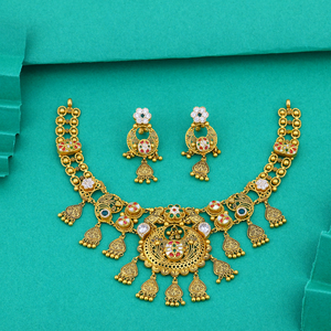 Antique gold <b>necklace</b> set with detailed filigree pendant traditional ethnic bridal jewelry handcrafted design elegant <b>statement</b> - Product Image 1