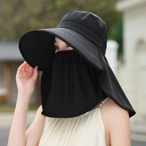 Sombrero de sol de seda helada de verano con cubre rostro y protector de cuello UPF 50 para mujer, ala ancha, color liso: caqui, blanco roto, rosa, negro, gris - Product Image 3