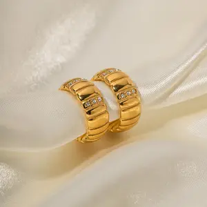 Stainless Steel Women's 18K Gold Plated Bread Pattern Gold Ring C Earrings Classic Diamonds Luxury Waterproof Jewelry